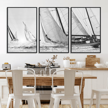 Boat-1-MGV-CV-36X24-Sailboat Racing Wall Art – Nautical Black and White Canvas Print, Ocean Adventure Decor for Office, Living Room or Bedroom