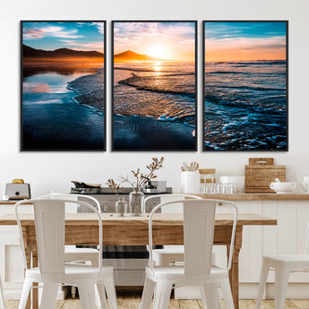26494-MGV-CV-36X24-Ocean Sunset Wall Art – Scenic Beach Canvas Print with Waves and Mountains, Coastal Seascape Photography for Living Room, Bedroom