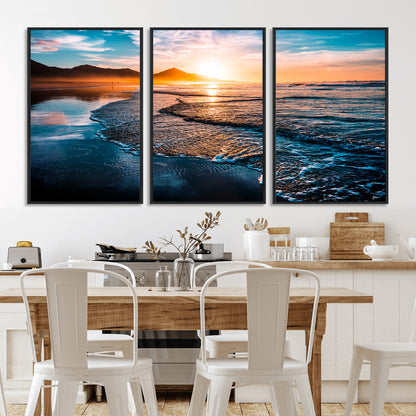 26494-MGV-CV-36X24-Ocean Sunset Wall Art – Scenic Beach Canvas Print with Waves and Mountains, Coastal Seascape Photography for Living Room, Bedroom