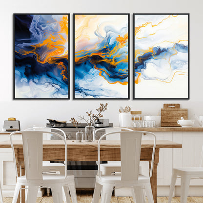 83720-MGV-FC-60X30-3P_Black-Abstract Fluid Wall Art – Blue, White and Gold Swirl Canvas Painting, Modern Contemporary Artwork for Living Room, Bedroom or