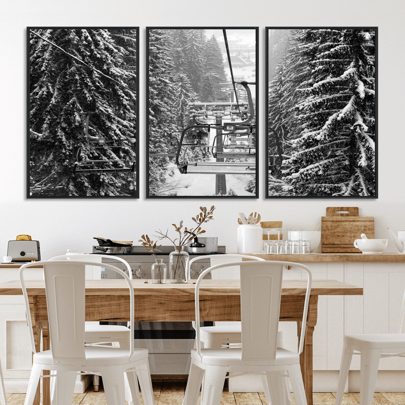 19240-MGV-CV-36X24-Ski Lift Wall Art – Black and White Winter Mountain Canvas Print, Snowy Forest Ski Resort Photography for Cabin, Lodge, Office or