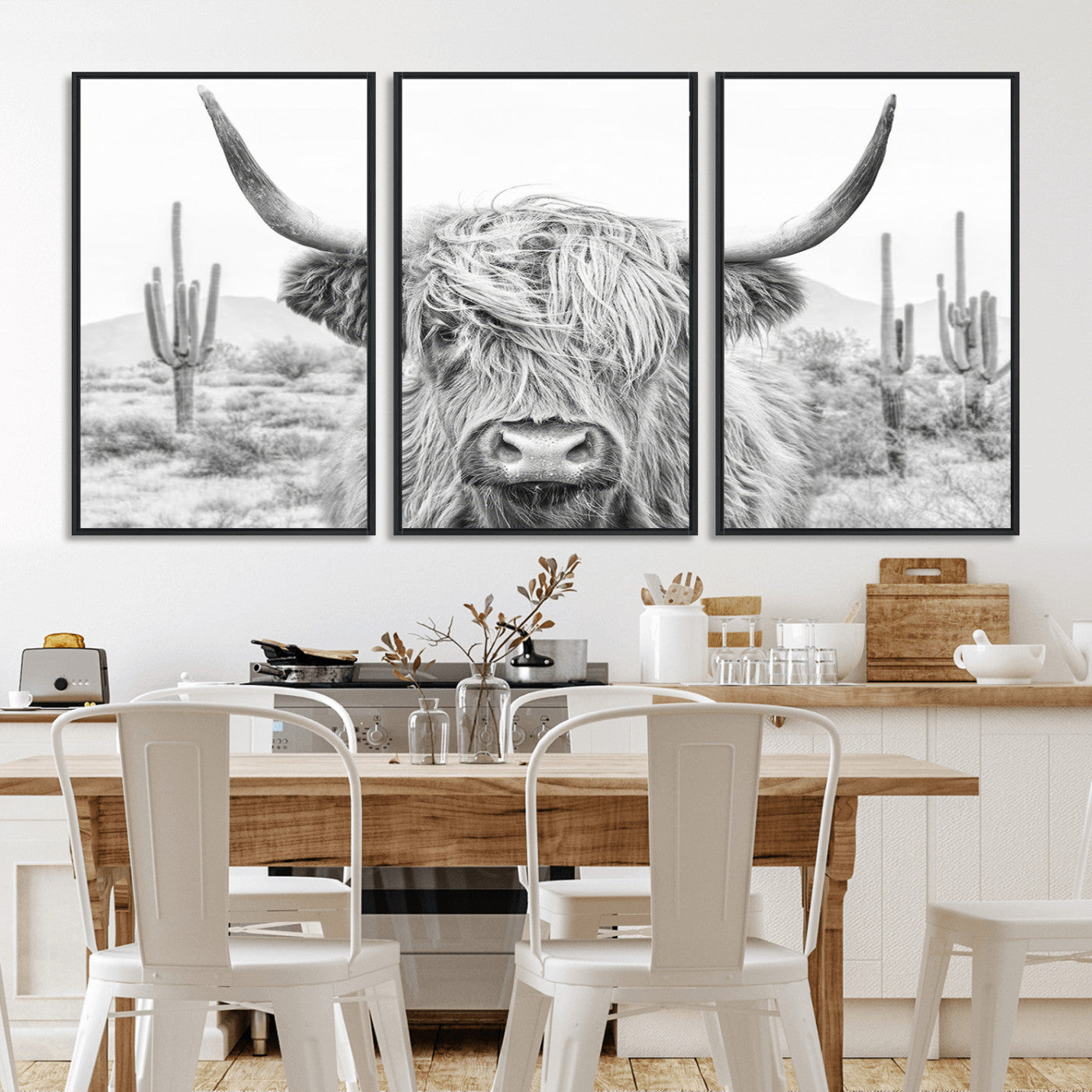 94579-MGV-CV-36X24-Highland Cow Wall Art – Black and White Longhorn Canvas Print, Rustic Western Farmhouse Animal Photography for Living Room,
