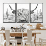 94579-MGV-CV-36X24-Highland Cow Wall Art – Black and White Longhorn Canvas Print, Rustic Western Farmhouse Animal Photography for Living Room,