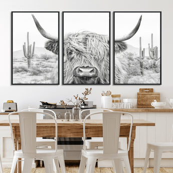 94579-MGV-CV-36X24-Highland Cow Wall Art – Black and White Longhorn Canvas Print, Rustic Western Farmhouse Animal Photography for Living Room,