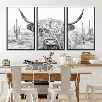 94579-MGV-CV-36X24-Highland Cow Wall Art – Black and White Longhorn Canvas Print, Rustic Western Farmhouse Animal Photography for Living Room,