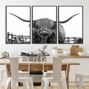 58188-MGV-CV-36X24-Highland Cow Wall Art – Black and White Rustic Farmhouse Canvas Print, Longhorn Cattle Photography Decor for Living Room or