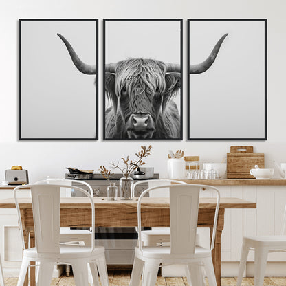 35820-MGV-CV-36X24-Minimalist Highland Cow Wall Art – Black and White Longhorn Cattle Canvas Print, Modern Farmhouse Animal Photography Decor for