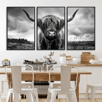 17924-MGV-CV-36X24-Highland Cow Wall Art – Black and White Rustic Longhorn Cattle Canvas Print, Farmhouse Animal Photography Decor for Country Home