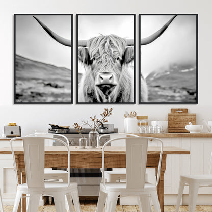80564-MGV-CV-36X24-Highland Cow Wall Art – Black and White Scottish Highland Canvas Print, Rustic Farmhouse Decor for Living Room, Bedroom or Office