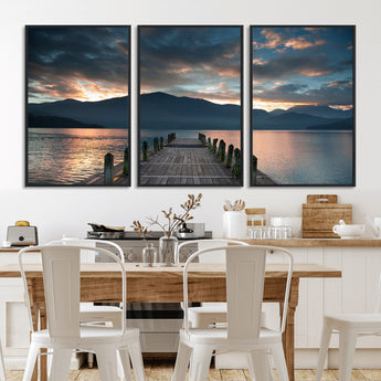 20442-MGV-CV-36X24-Lakeside Sunset Dock Wall Art – Peaceful Mountain Lake Canvas Print, Serene Nature Landscape Decor for Living Room, Bedroom or