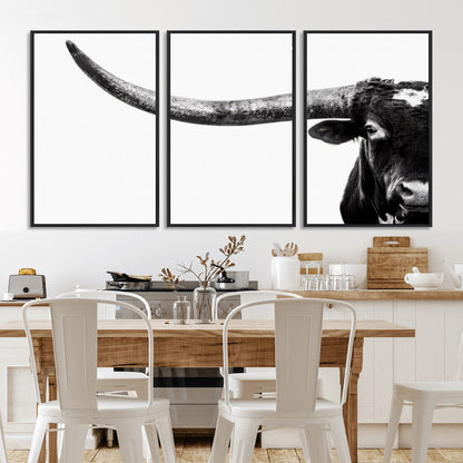 31699-MGV-CV-36X24-Longhorn Wall Art – Black and White Texas Longhorn Cow Canvas Print, Rustic Western Farmhouse Artwork for Living Room, Bedroom or
