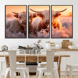 68253-MGV-FC-60X30-3P_Black-Highland Cow Wall Art – Rustic Farmhouse Cattle Canvas Print, Frosty Sunset Animal Artwork for Living Room, Bedroom or Country