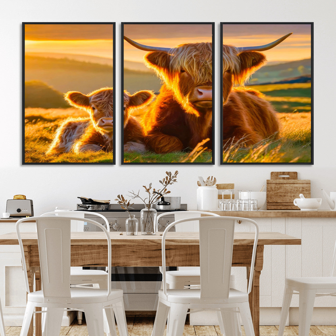 20567-MGV-CV-36X24-Highland Cow and Calf Wall Art – Rustic Farmhouse Sunset Cattle Canvas Print, Country Animal Artwork for Living Room, Bedroom, or