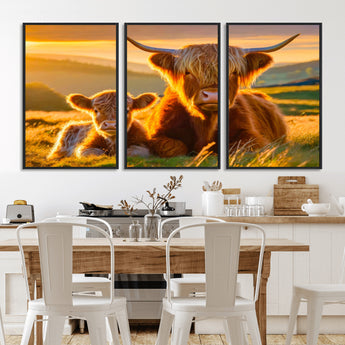 20567-MGV-CV-36X24-Highland Cow and Calf Wall Art – Rustic Farmhouse Sunset Cattle Canvas Print, Country Animal Artwork for Living Room, Bedroom, or