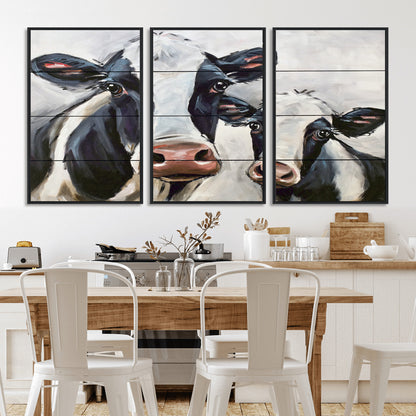 28934-MGV-FC-60X30-3P_Black-Farmhouse Cow Wall Art – Rustic Black and White Dairy Cattle Canvas Print, Country Barn Animal Painting for Kitchen, Living Room
