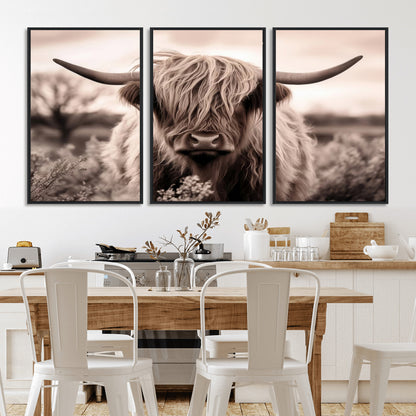 55903-MGV-CV-36X24-Highland Cow Wall Art – Rustic Sepia Scottish Highland Bull Canvas Print, Farmhouse Country Animal Decor for Living Room, Bedroom