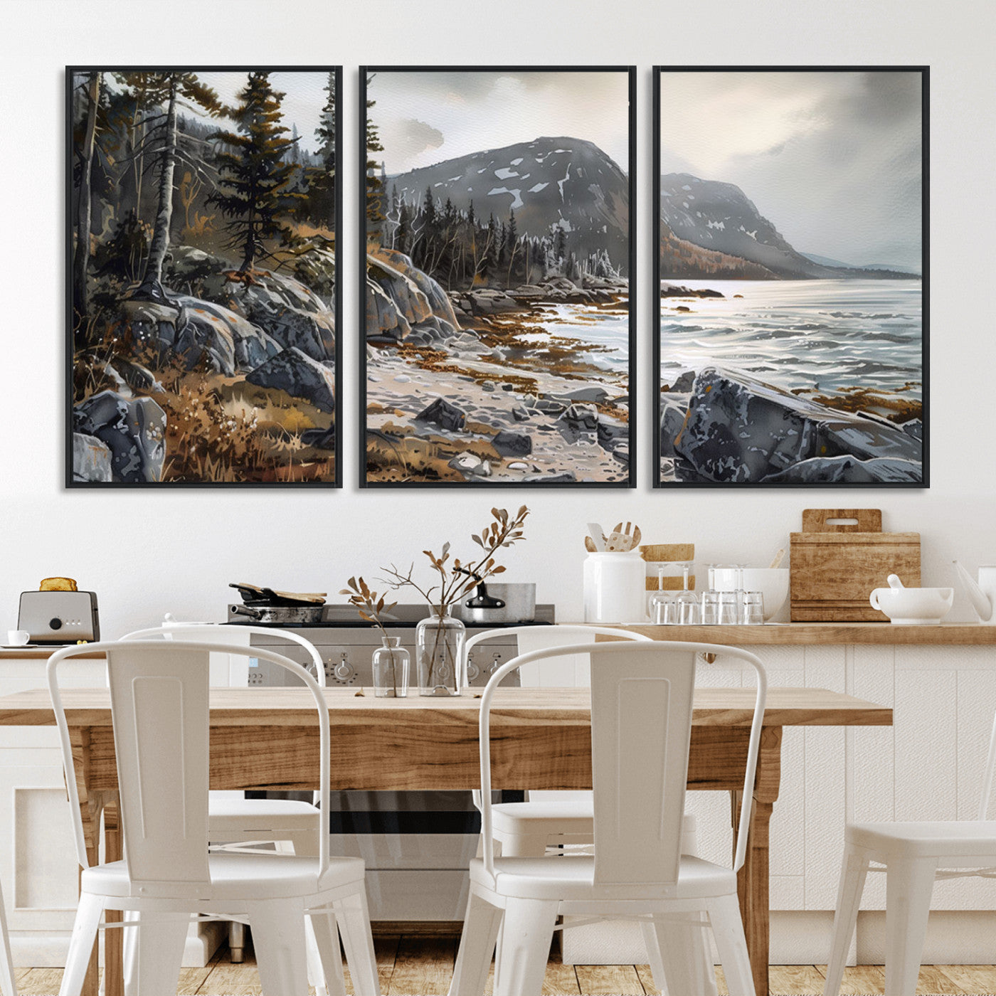 41281-MGV-FC-60X30-3P_Black-Rocky Shoreline Wall Art – Panoramic Mountain Coast and Forest Canvas Print, Rustic Nature Landscape Decor for Cabin, Lodge, or