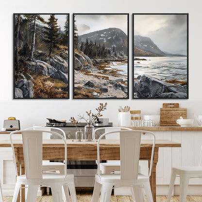 41281-MGV-FC-60X30-3P_Black-Rocky Shoreline Wall Art – Panoramic Mountain Coast and Forest Canvas Print, Rustic Nature Landscape Decor for Cabin, Lodge, or