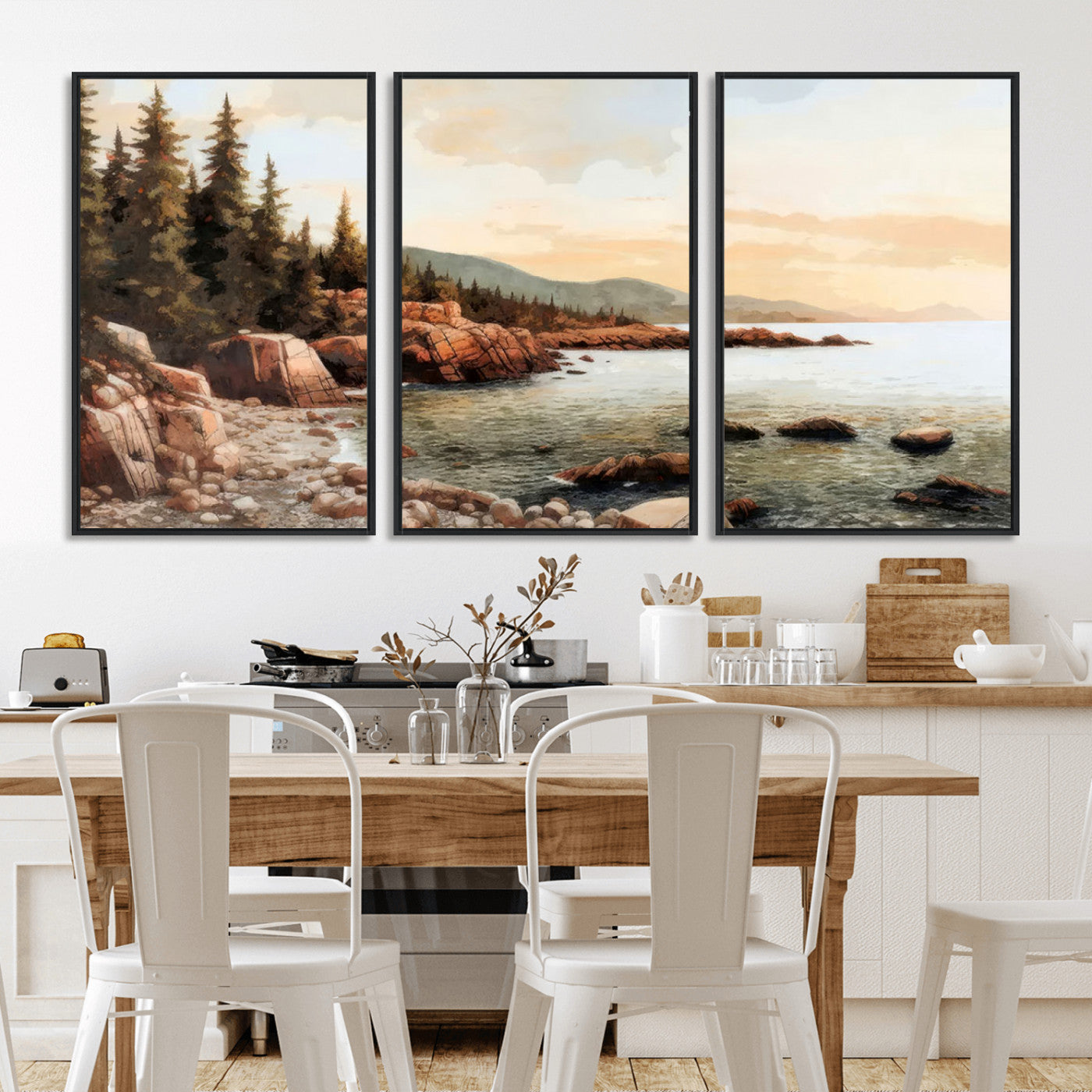 77145-MGV-FC-60X30-3P_Black-Coastal Landscape Wall Art – Panoramic Rocky Shoreline and Pine Trees Canvas Print, Rustic Nature Decor for Cabin, Lodge, Office,