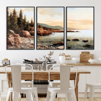 77145-MGV-FC-60X30-3P_Black-Coastal Landscape Wall Art – Panoramic Rocky Shoreline and Pine Trees Canvas Print, Rustic Nature Decor for Cabin, Lodge, Office,