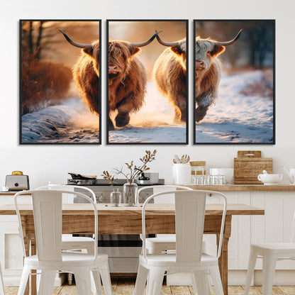 50490-MGV-FC-60X30-3P_Black-Highland Cow Wall Art – Rustic Panoramic Canvas Print Two Cattle Snowy Landscape, Farmhouse Country Decor for Living Room Office