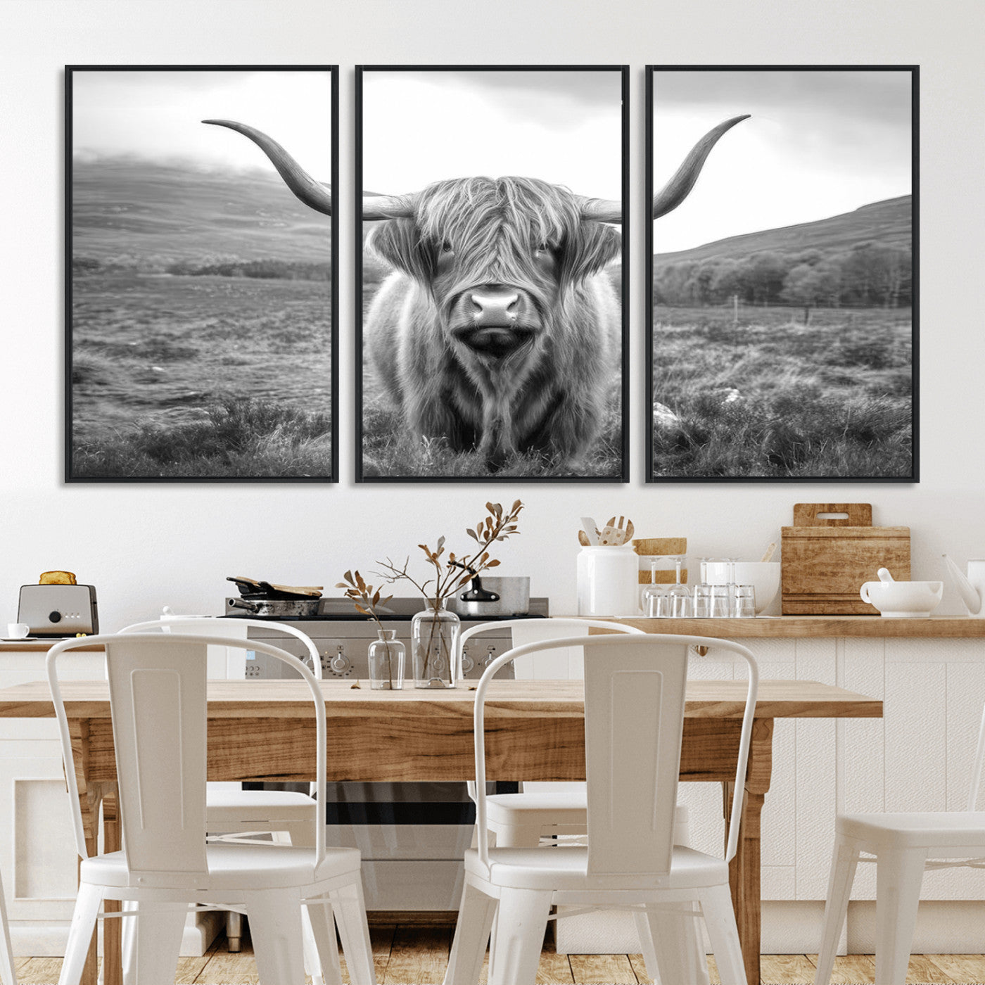 52903-MGV-FC-60X30-3P_Black-Highland Cow Wall Art – Black and White Canvas Print Rustic Cattle Portrait, Farmhouse Country Decor for Living Room, Office,