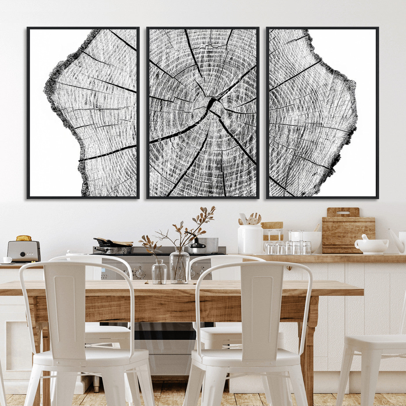 98709-MGV-FC-60X30-3P_Black-Tree Ring Wall Art – Black and White Canvas Print Rustic Wood Cross Section, Minimal Nature Inspired Decor for Living Room,