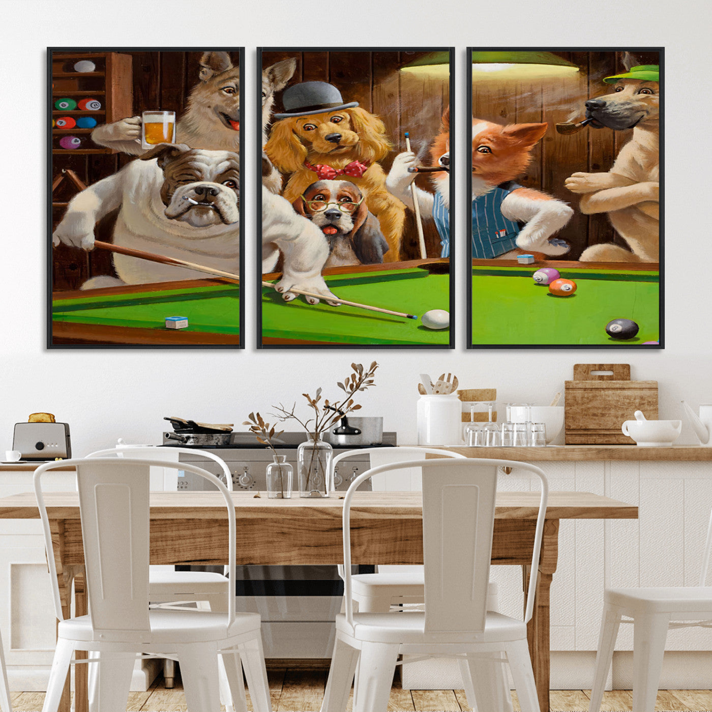 34228-MGV-CV-36X24-Dogs Playing Pool Wall Art Canvas Print, Framed Funny Dog Art Picture Print, Dog Perfect Game Room Decor Artwork