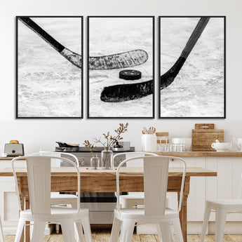 82900-MGV-FC-60X30-3P_Black-Hockey Wall Art – Black and White Canvas Print Ice Rink Sticks Puck Sports Photography, Modern Decor for Game Room, Man Cave,