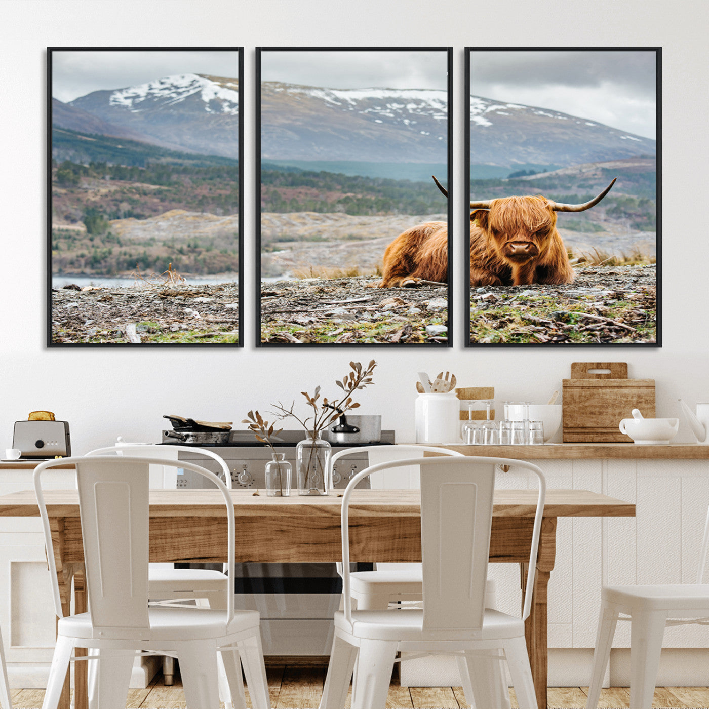 80252-MGV-FC-60X30-3P_Black-Scottish Cow Wall Art Canvas Print, Framed Highland Cow Art Picture Print, Highland Cattle Perfect Rustic Farmhouse Decor Artwork