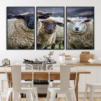 18418-MGV-FC-60X30-3P_Black-Sheep Wall Art Canvas Print, Framed Farmhouse Sheep Art Picture Print, Sheep Herd Perfect Rustic Farmhouse Decor Artwork