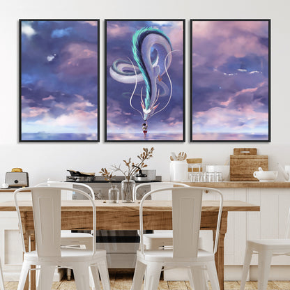 66864-MGV-FC-60X30-3P_Black-Fantasy Dragon Wall Art – Mystical Canvas Print Girl and Sky Serpent Dreamlike Clouds, Magical Anime Inspired Decor for Living