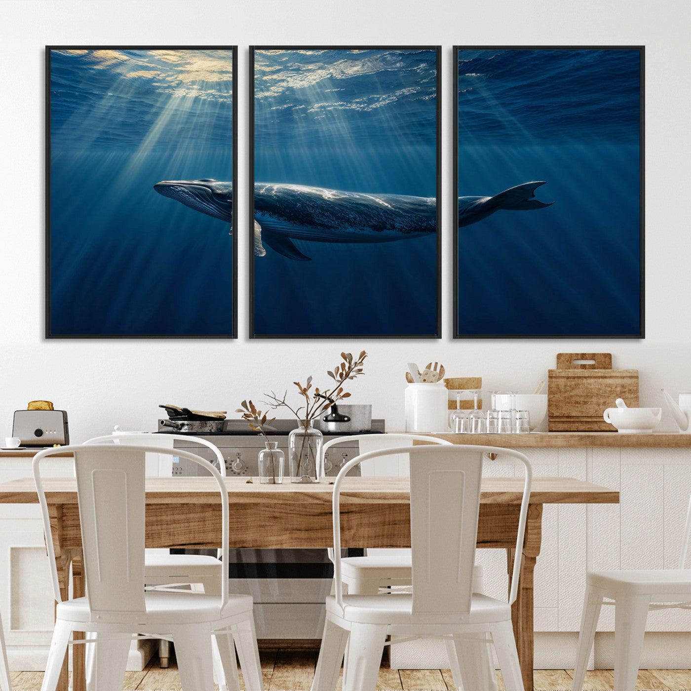 18052-MGV-FC-60X30-3P_Black-Whale Wall Art – Majestic Ocean Canvas Print Marine Life Underwater Sunlight Scene, Nautical Coastal Decor for Living Room,