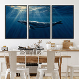 18052-MGV-FC-60X30-3P_Black-Whale Wall Art – Majestic Ocean Canvas Print Marine Life Underwater Sunlight Scene, Nautical Coastal Decor for Living Room,