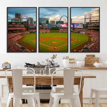 91908-MGV-FC-60X30-3P_Black-Baseball Stadium Wall Art – Canvas Print Game Day Field City Skyline Iconic Arch Scene Sports Photography, Decor for Game Room,