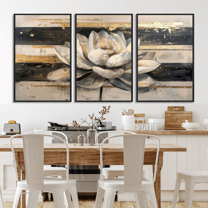 18807-MGV-FC-60X30-3P_Black-Lotus Flower Wall Art Canvas Print, Framed Abstract Lotus Art Picture Print, White Lotus Flower Perfect Abstract Floral Decor