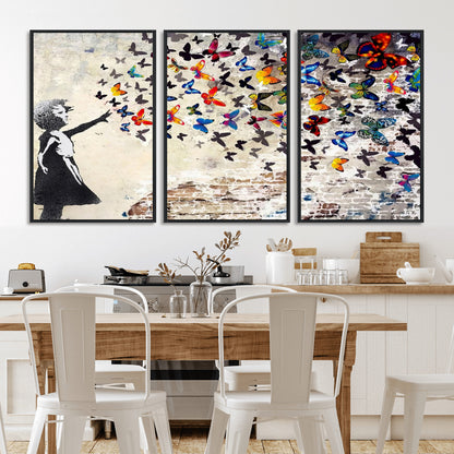 97895-MGV-CV-36X24-Girl with Butterflies Wall Art – Colorful Street Art Style Canvas Print, Modern Graffiti-Inspired Butterfly Artwork for Living