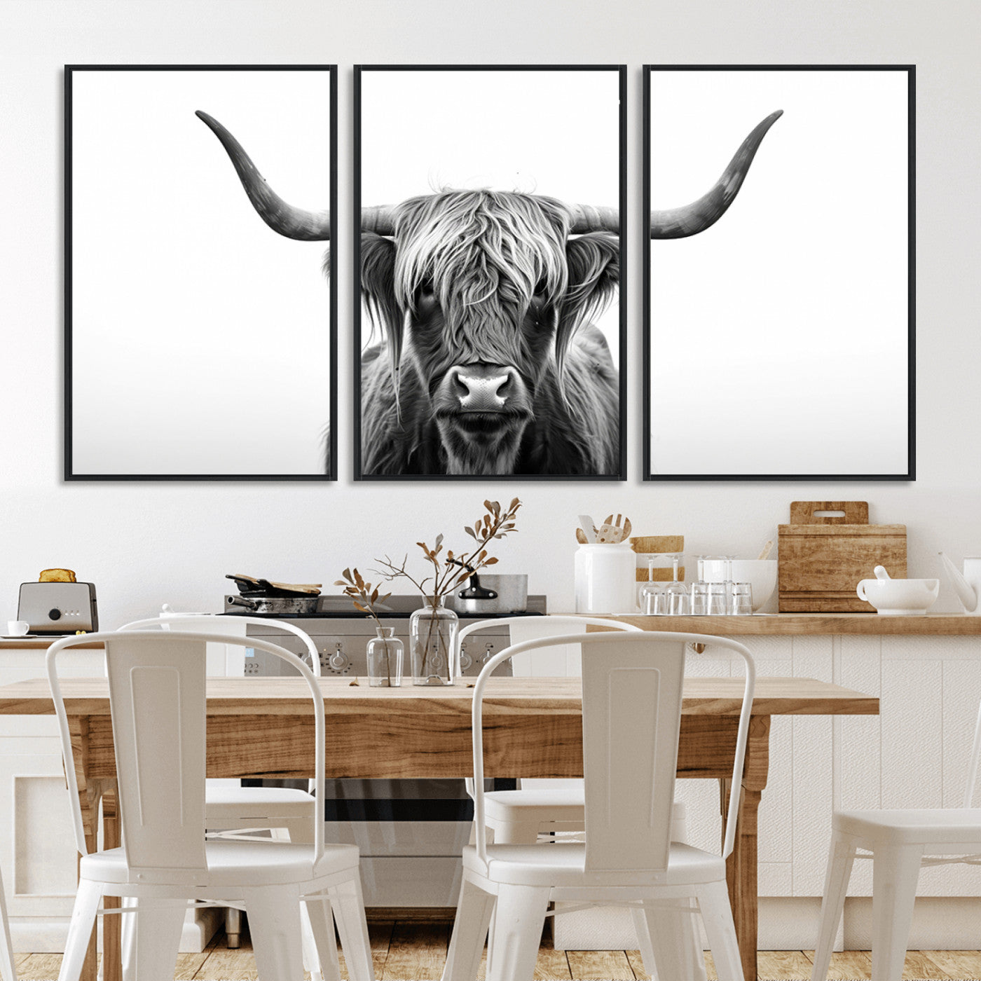 49556-MGV-CV-36X24-Highland Cow Wall Art – Black and White Scottish Highland Cattle Print, Rustic Farmhouse Minimalist Animal Portrait Canvas for