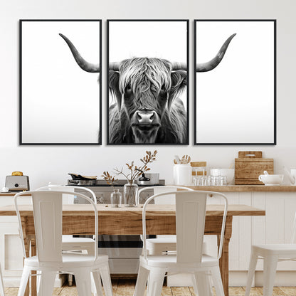 49556-MGV-CV-36X24-Highland Cow Wall Art – Black and White Scottish Highland Cattle Print, Rustic Farmhouse Minimalist Animal Portrait Canvas for