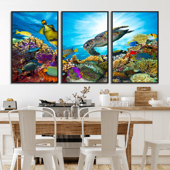 44772-MGV-CV-36X24-Underwater Sea Turtle Wall Art – Vibrant Coral Reef and Tropical Fish Canvas Print, Ocean Marine Life Decor for Living Room,