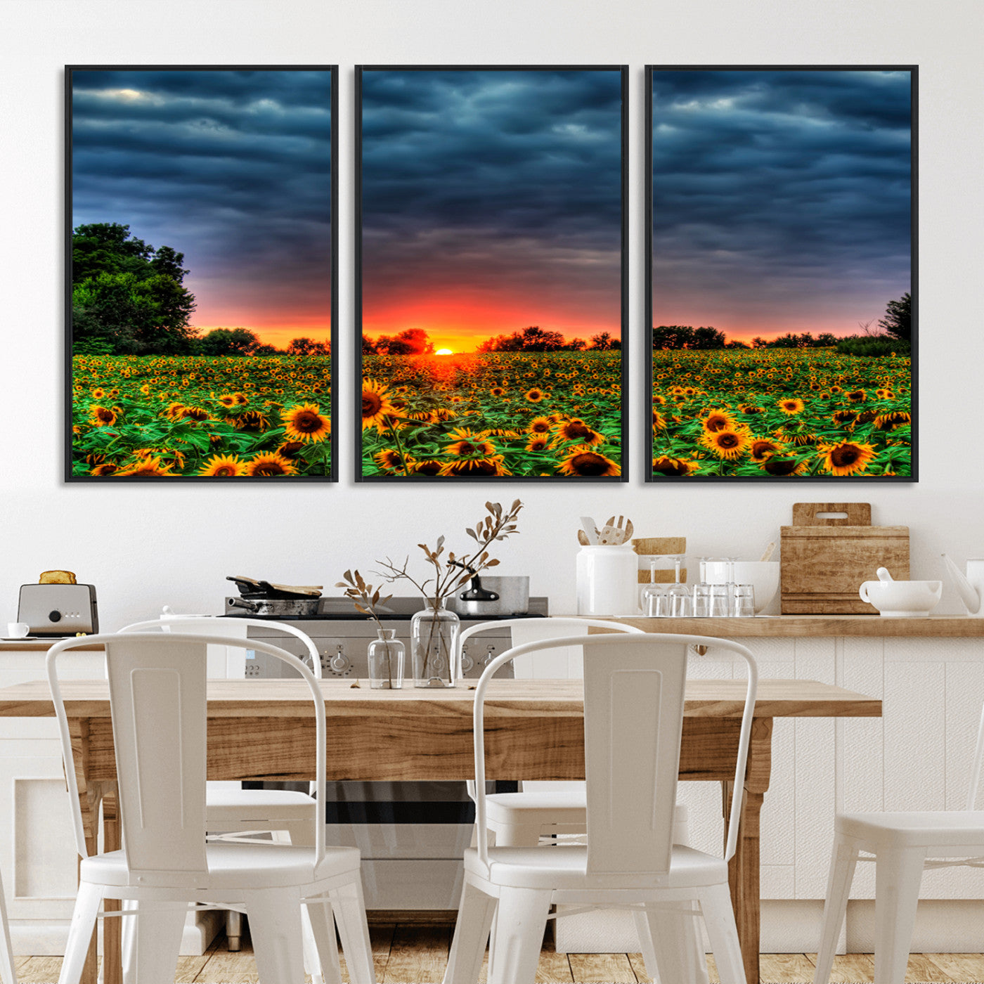 45045-MGV-FC-60X30-3P_Black-Sunflower Field Sunset Wall Art – Dramatic Stormy Sky Landscape Print, Vibrant Yellow Floral Nature Canvas for Living Room,