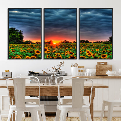 45045-MGV-FC-60X30-3P_Black-Sunflower Field Sunset Wall Art – Dramatic Stormy Sky Landscape Print, Vibrant Yellow Floral Nature Canvas for Living Room,