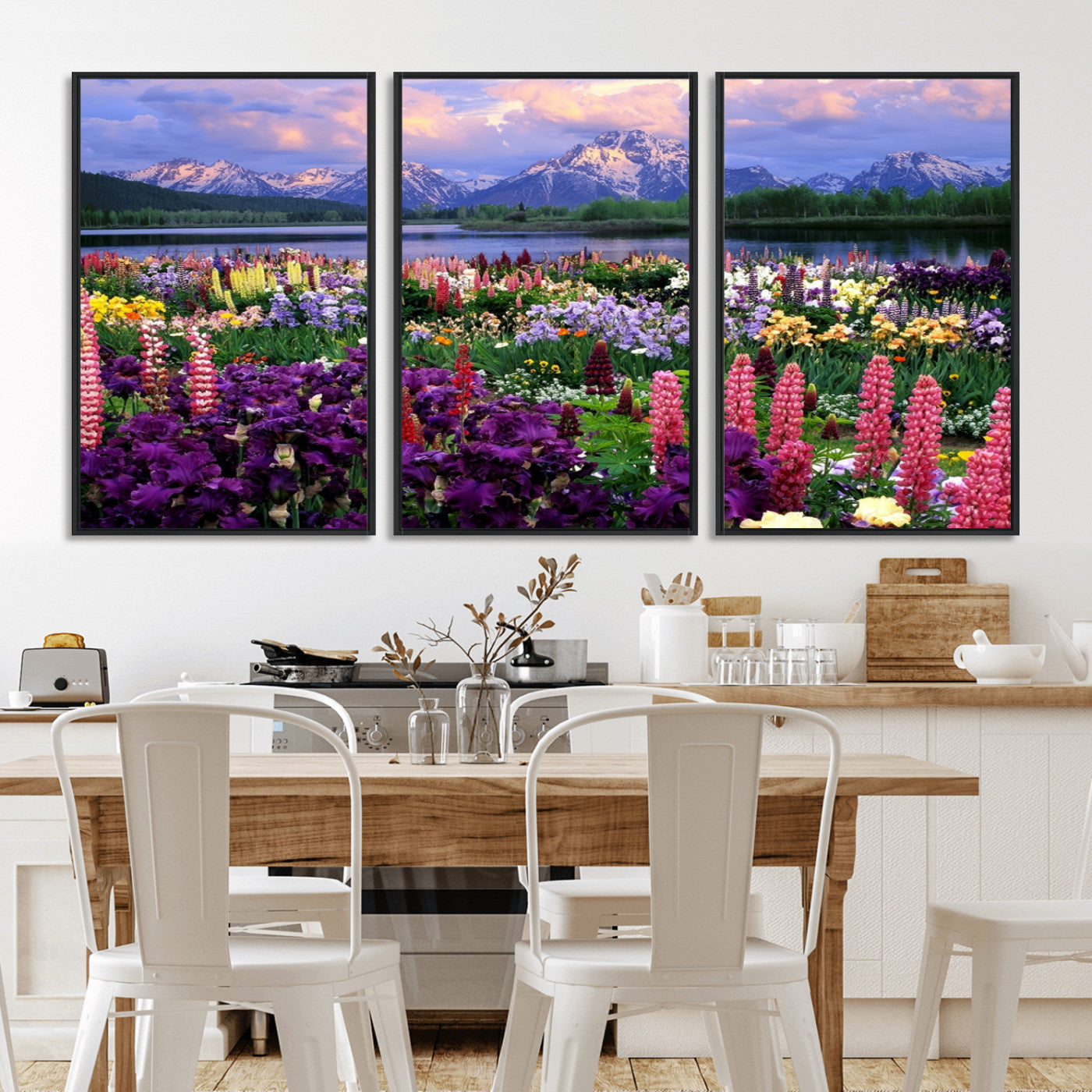 82270-MGV-CV-36X24-Colorful Wildflower Meadow Landscape Wall Art – Snow-Capped Mountain Lake Sunset Print, Vibrant Nature Artwork for Living Room,
