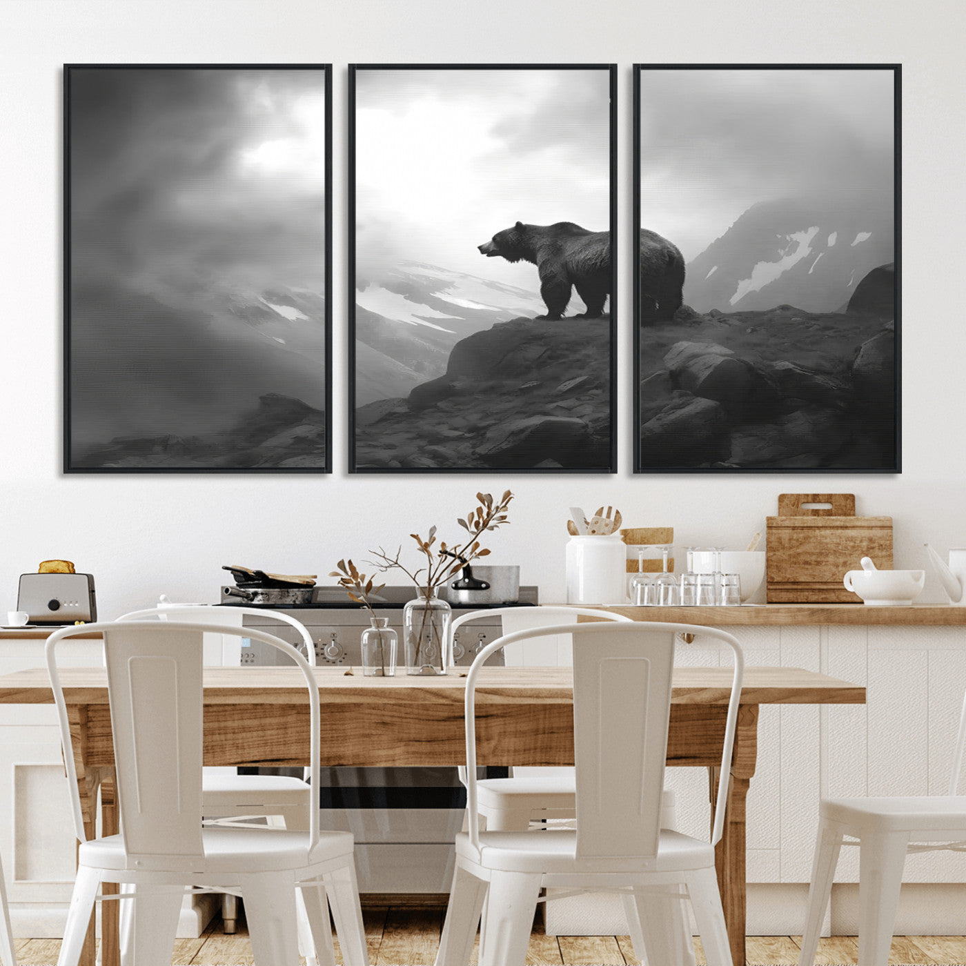 49504-MGV-CV-36X24-Black and White Grizzly Bear Wall Art – Wilderness Wildlife Painting, Rustic Mountain Cabin Decor, Monochrome Animal Print for