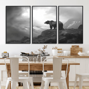 49504-MGV-CV-36X24-Black and White Grizzly Bear Wall Art – Wilderness Wildlife Painting, Rustic Mountain Cabin Decor, Monochrome Animal Print for