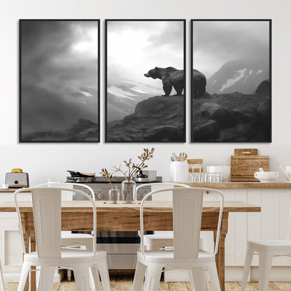 49504-MGV-CV-36X24-Black and White Grizzly Bear Wall Art – Wilderness Wildlife Painting, Rustic Mountain Cabin Decor, Monochrome Animal Print for
