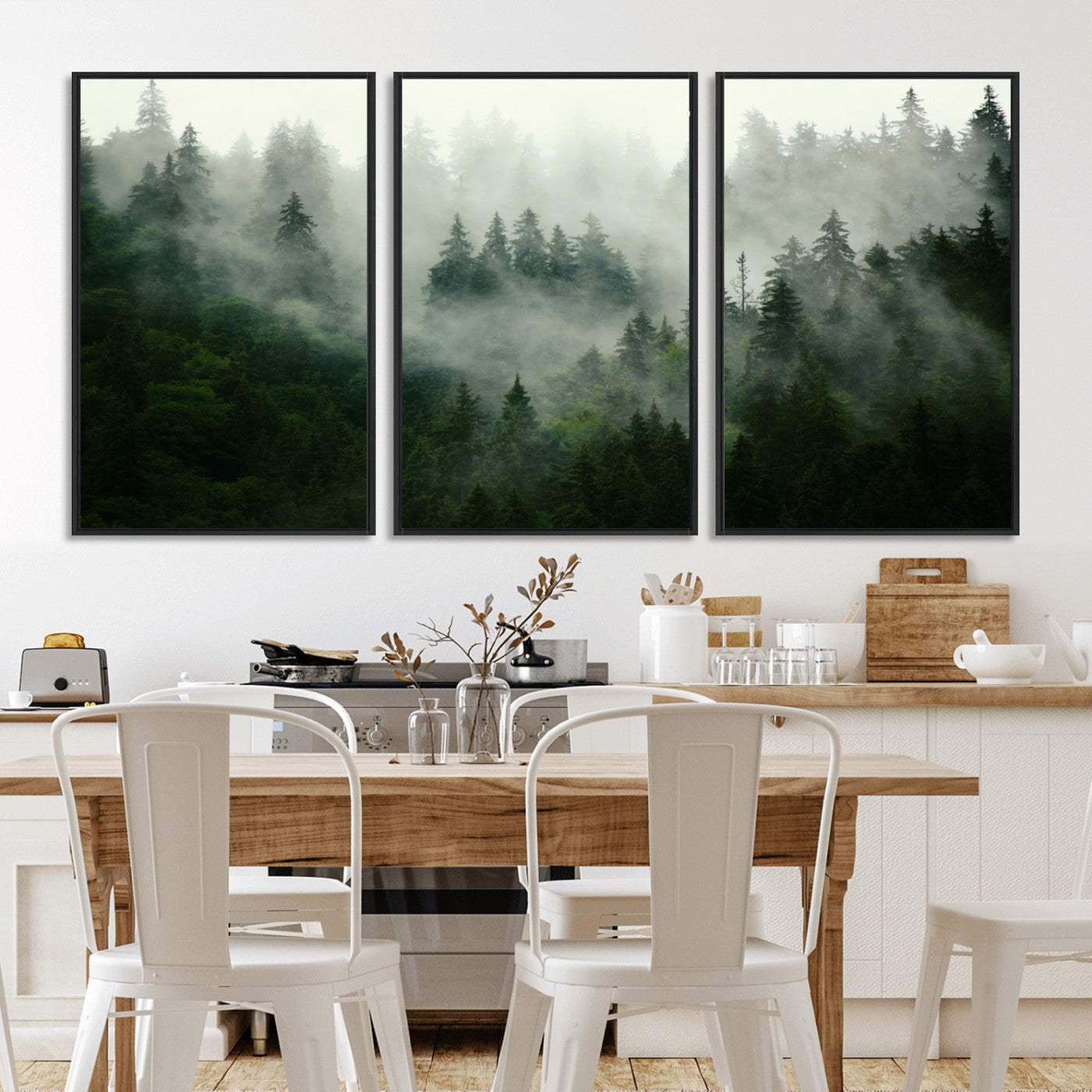 167720496-MGV-FC-60X30-3P_Black-Misty Forest Wall Art – Serene Evergreen Trees Canvas Print, Foggy Mountain Nature Landscape Decor for Bedroom, Living Room or