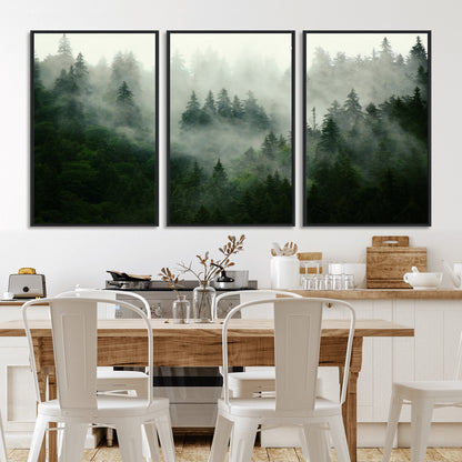 167720496-MGV-FC-60X30-3P_Black-Misty Forest Wall Art – Serene Evergreen Trees Canvas Print, Foggy Mountain Nature Landscape Decor for Bedroom, Living Room or