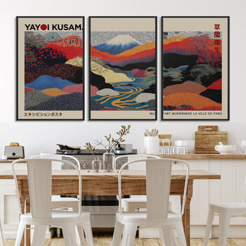 49228-MGV-FC-93X47-3P_Black-Kusama Wall Art – Vibrant Japanese Landscape Canvas Print, Modern Abstract Mountain and River Decor for Living Room, Office or Art