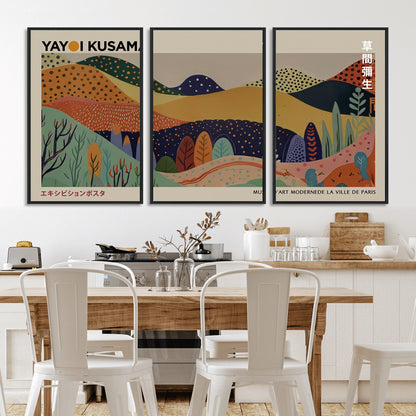 11242-MGV-FC-60X30-3P_Black-Kusama Wall Art – Abstract Colorful Hills Canvas Print, Modern Japanese Inspired Landscape Poster for Living Room, Office or